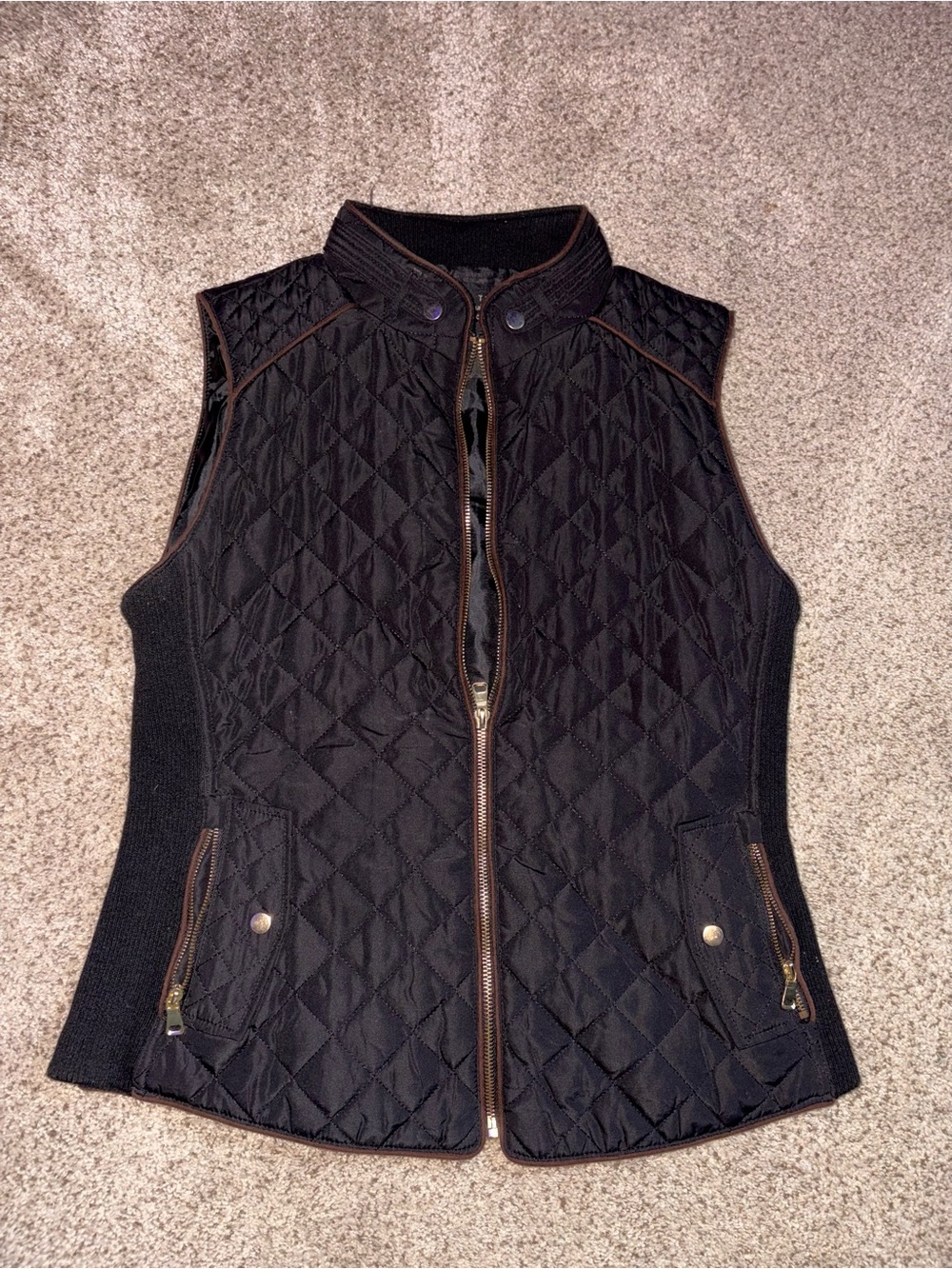 Love Tree Black Quilted Sleeveless Vest with Brown Trim